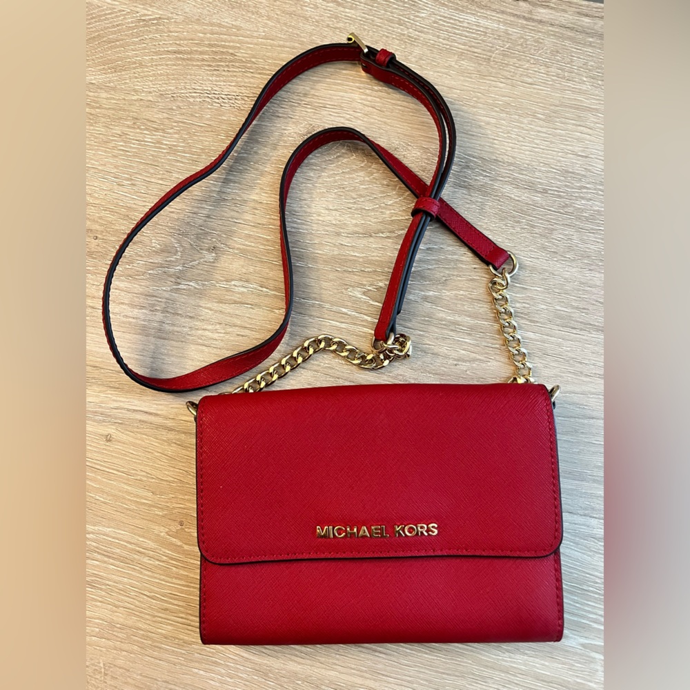 Michael Kors Red Crossbody Bag with Gold Chain and Leather Strap